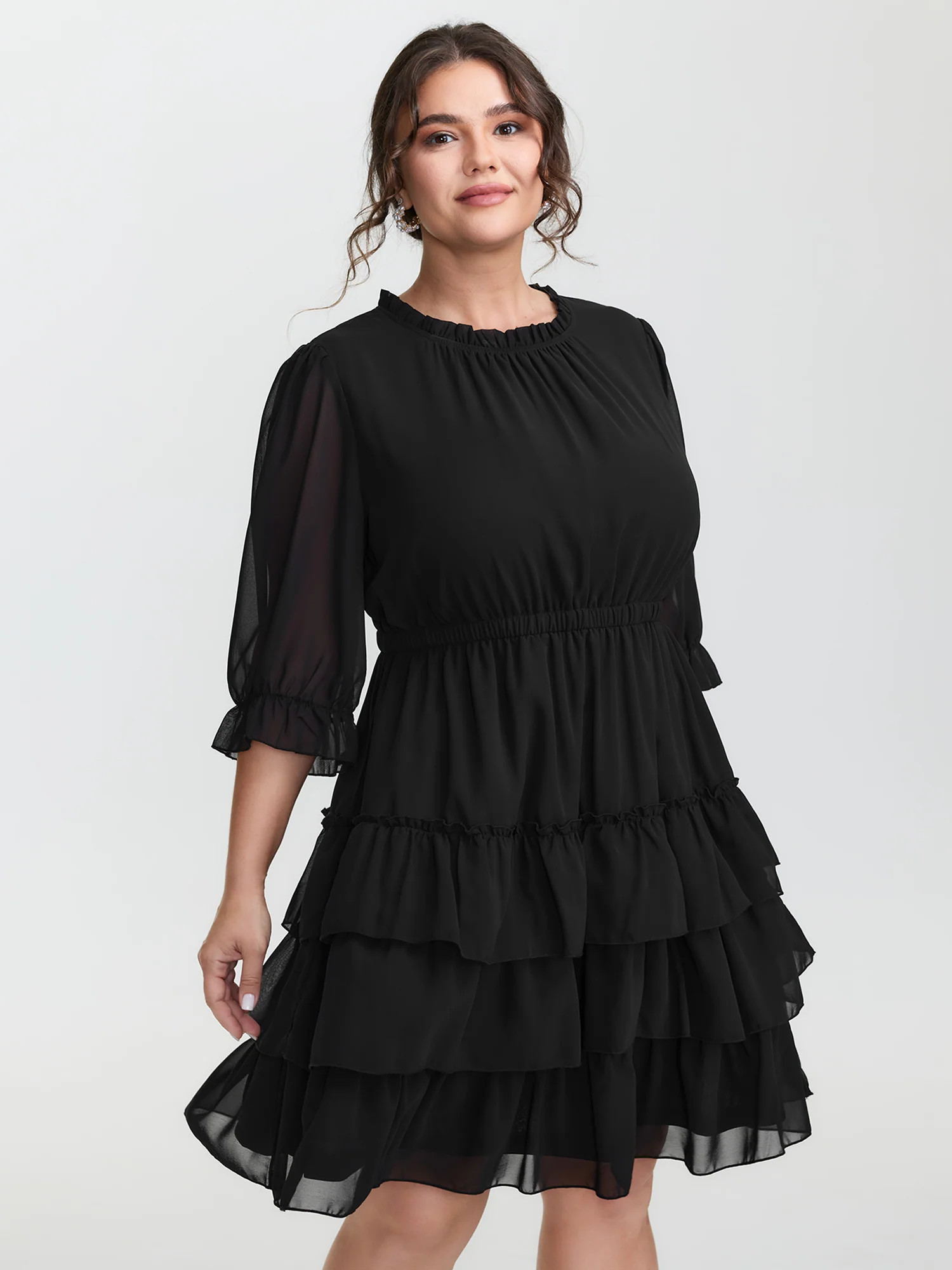 Three-Quarter Sleeve Tulle Skirt Knee-Length Dress | Bloomchic