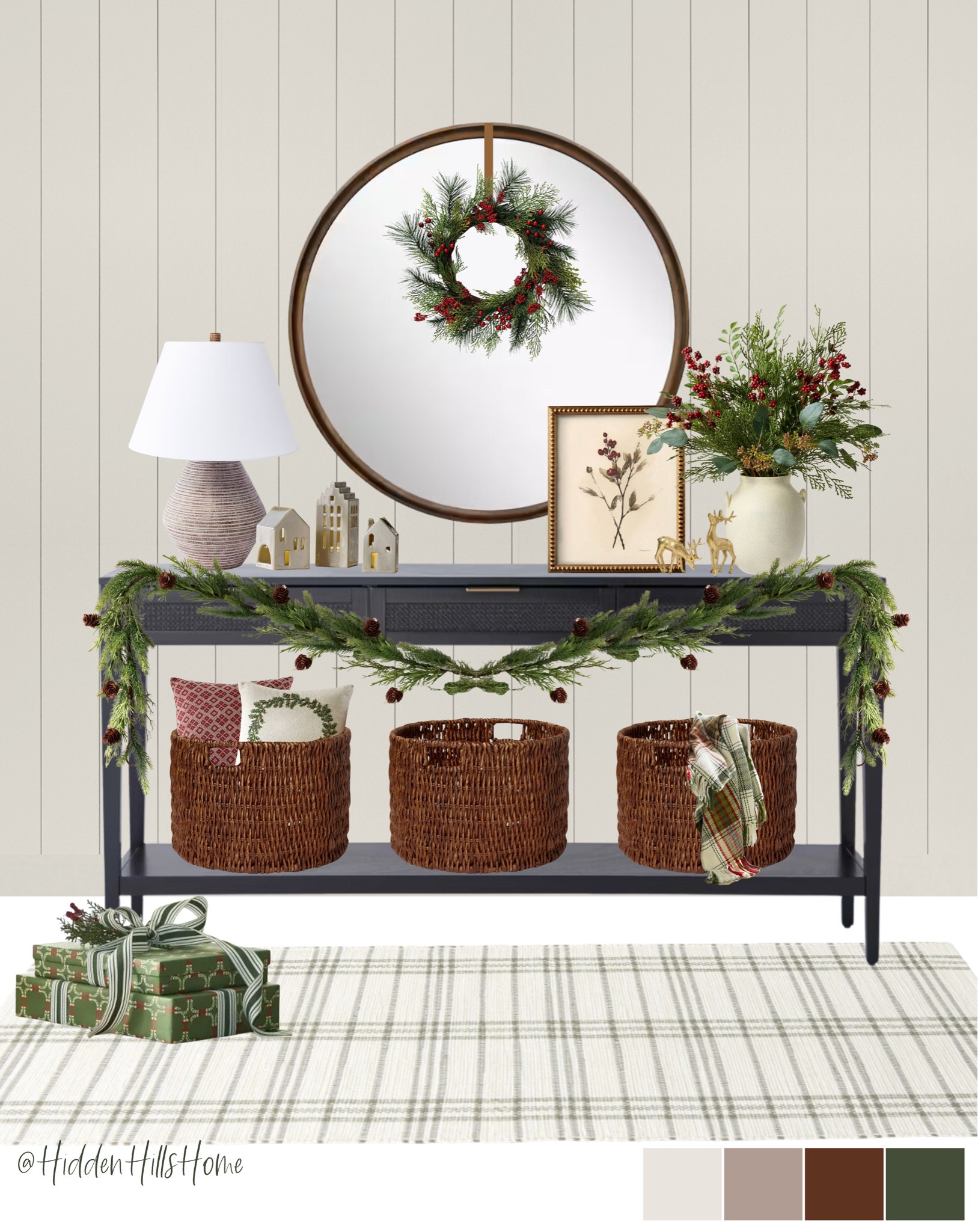 Christmas entryway, holiday home decor, console table decor ideas, entryway mood board, Christmas decor, garland, Christmas throw pillows #holiday 

#LTKHome #LTKSeasonal #LTKHoliday