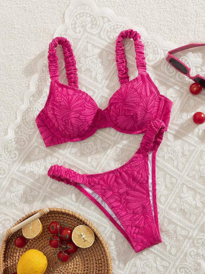 Swim Mod 2pcs/Set Women Springbreak Beach Wear Summer Outfits, Solid Color Floral Fabric Ruffle Thick Strap Steel Bra Cute Bikini Set | SHEIN