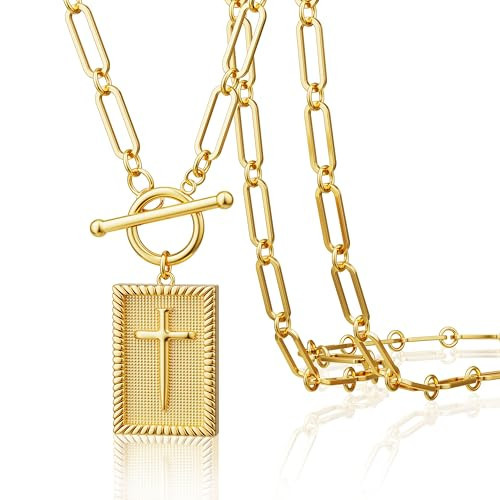 Tewiky 14K Gold Plated Cross Necklace for Women Trendy Chunky Cross Pendant Necklace Toggle Clasp Paperclip Chain Charm Necklaces for Women Jewelry Gift Christian Religious Baptism | Amazon (US)