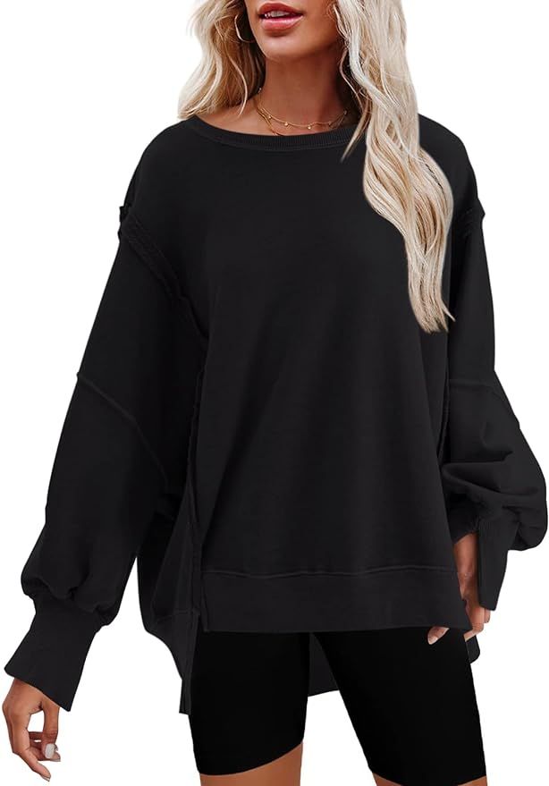 Nirovien Womens Oversized Crewneck Sweatshirt Side Slit Long Sleeve Pullover Slouchy Fit Tops | Amazon (US)