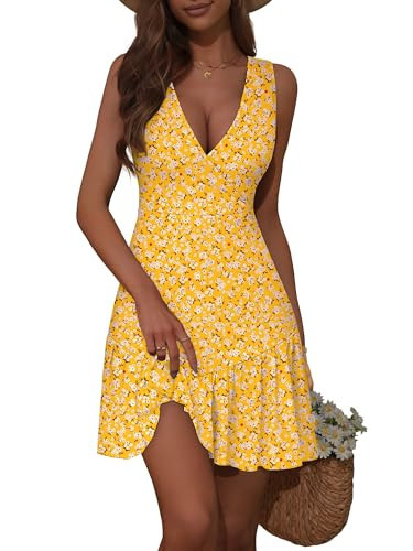 FENSACE Womens Dresses Summer Wrap V Neck Yellow Floral Print Brunch Sundress Spring Dress(Floral-24,Large) | Amazon (US)