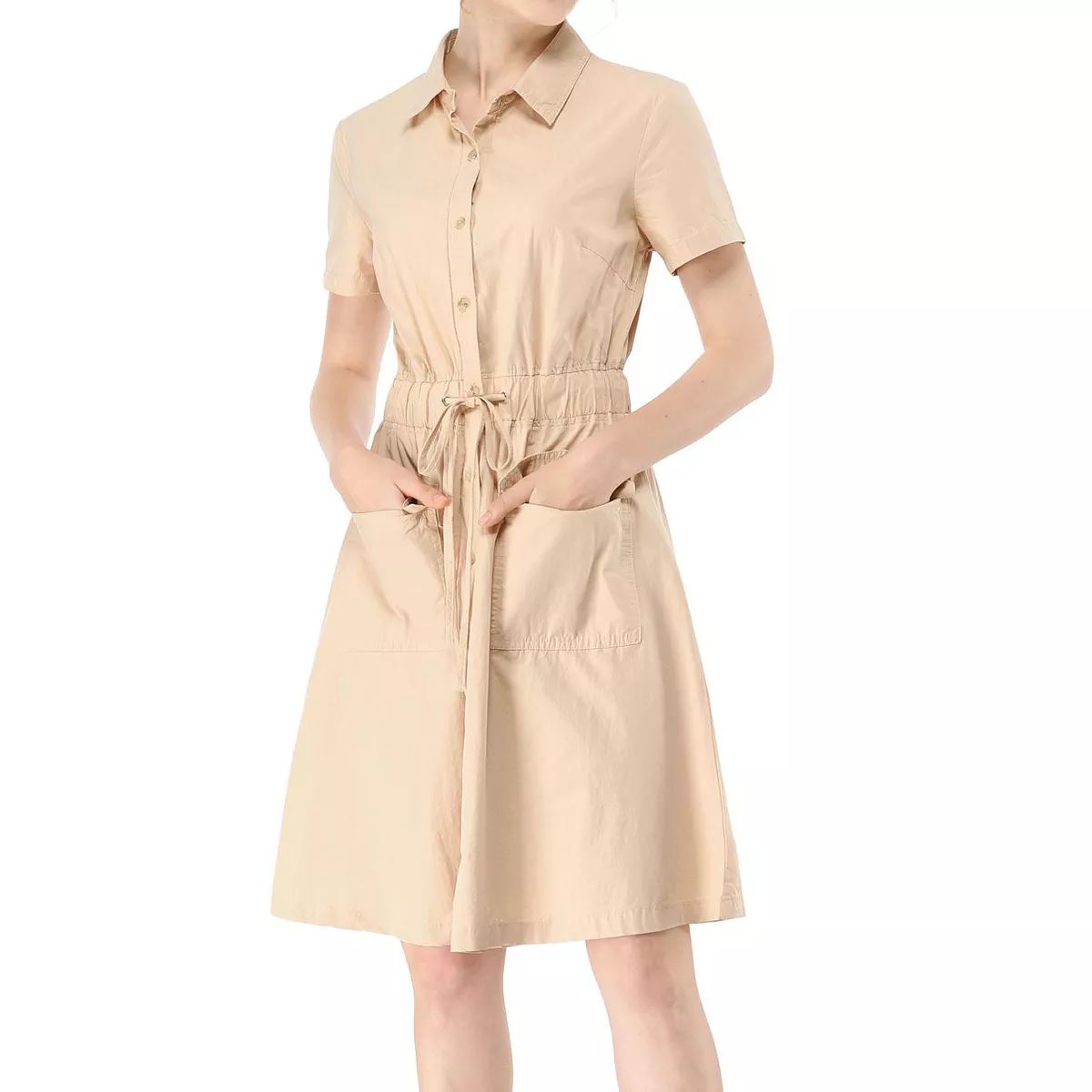 Allegra K Women's Point Collar Front Elastic Waist Drawstring Above Knee Shirt Dress with Pocket | Target