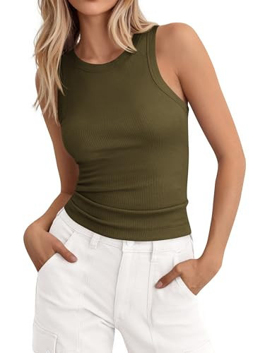 PRETTYGARDEN Womens Summer High Neck Ribbed Tank Tops Casual Basic Sleeveless Slim Fitted Racerback Workout T Shirts (Army Green,Small) | Amazon (US)