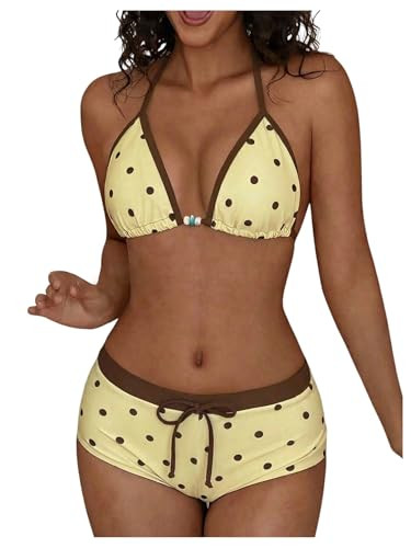 WDIRARA Women's Polka Dots 2 Piece Swimsuit Triangle Halter Bikini Set Boyshorts Bathing Suit | Amazon (US)