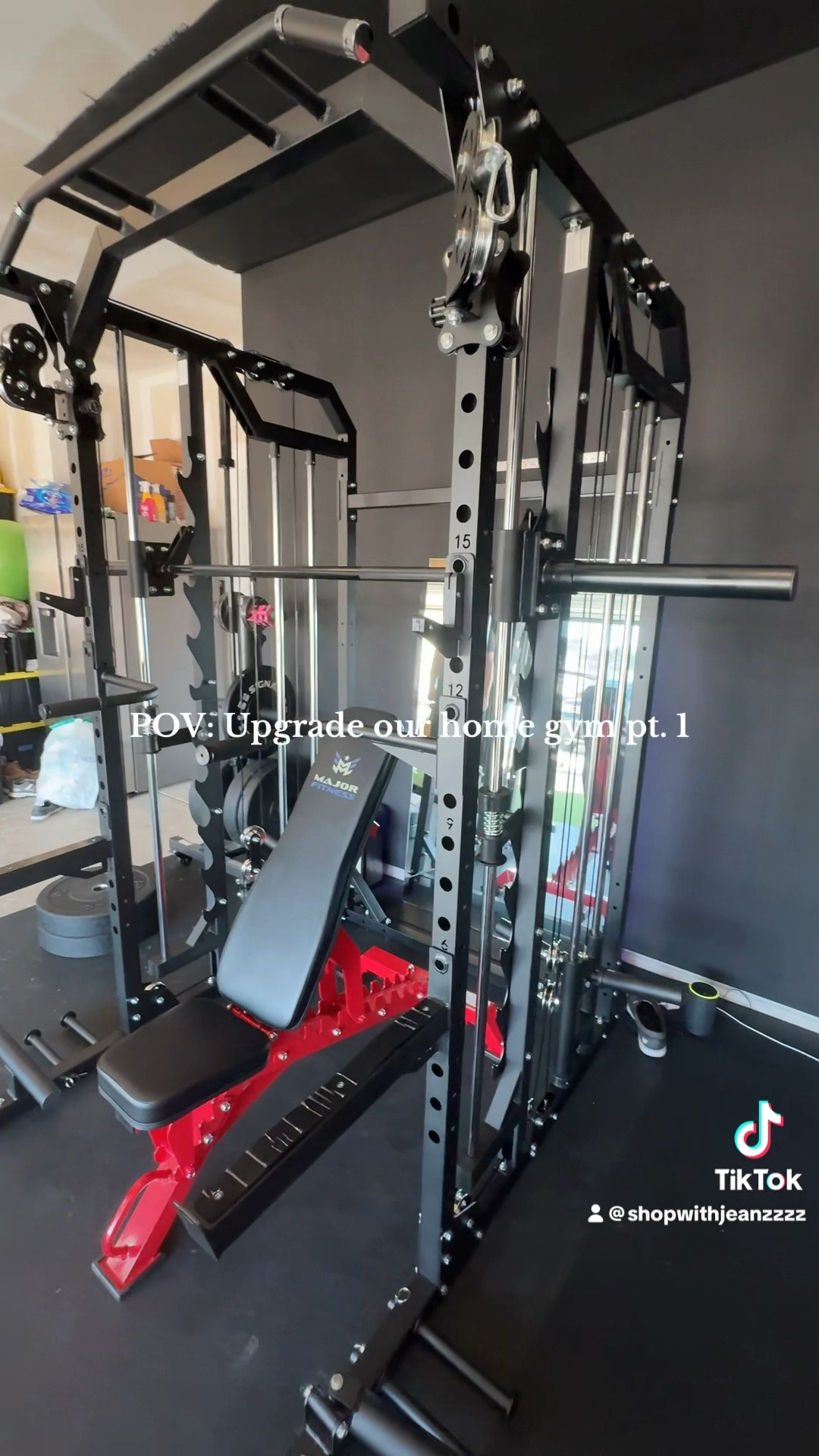 #gym #homegym #garagegym #gyminspo #homegyminspo #majorfitness #smithmachine #hipthrustmachine #weightrack #LTK #ltkhome #gymfinds #homefinds #transformation