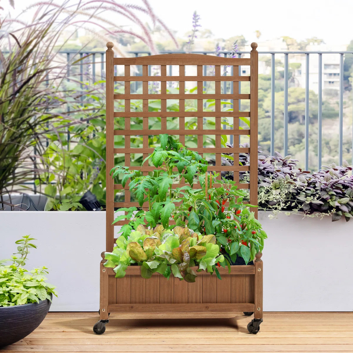 Allistir 50" H Wood Planter Box with Trellis and Wheels | Wayfair North America