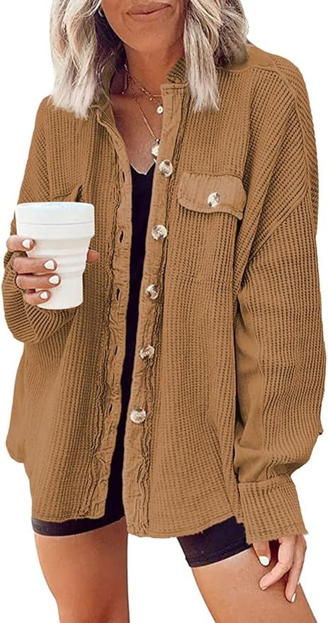 Yanekop Womens Waffle Knit Shacket Boyfriend Shirt Jacket Button Down Blouse Loose Fit Long Sleev... | Amazon (US)