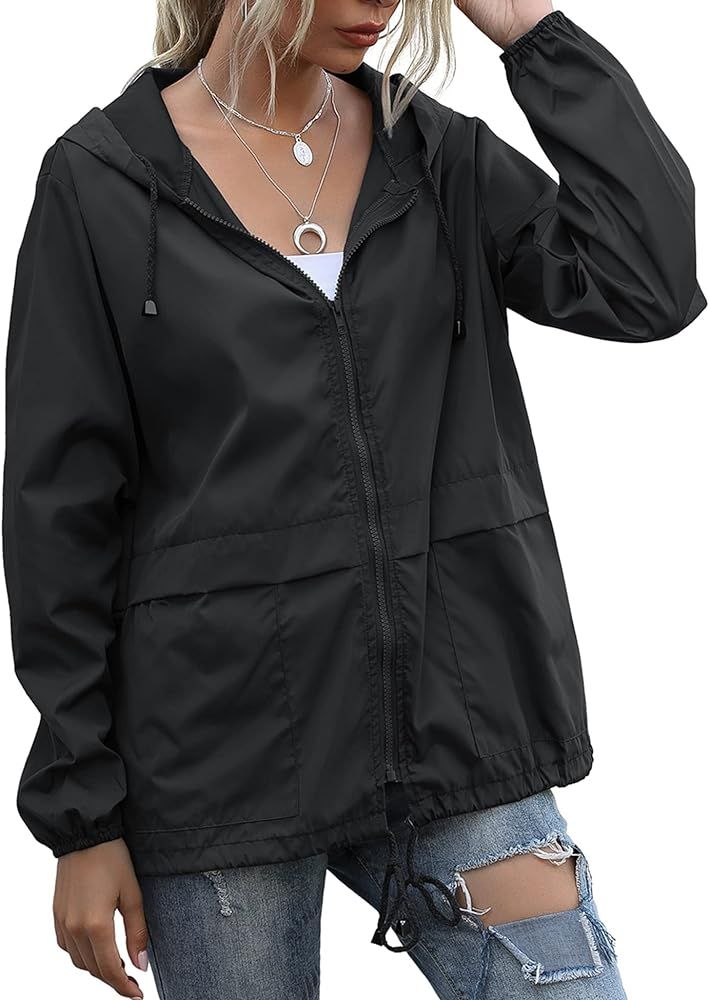 Women's Raincoats Lightweight Waterproof Windproof Adjustable Windbreaker Rain Jackets Hooded wit... | Amazon (US)