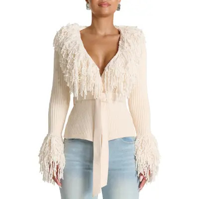 Naked Wardrobe Fringe Tie Waist Chenille Cardigan in Dark Chocolate at Nordstrom, Size X-Large | Nordstrom