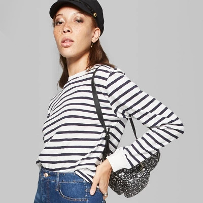 Women's Long Sleeve Skater Boxy T-Shirt - Wild Fable™ White/Navy | Target