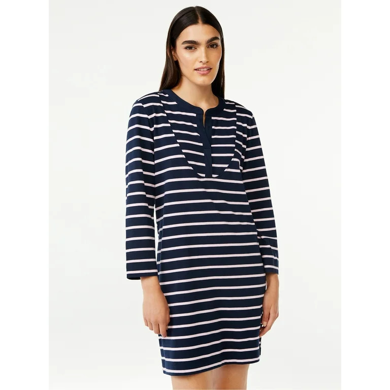 Free Assembly Women's Striped T-Shirt Bib Mini Dress with Long Sleeves | Walmart (US)