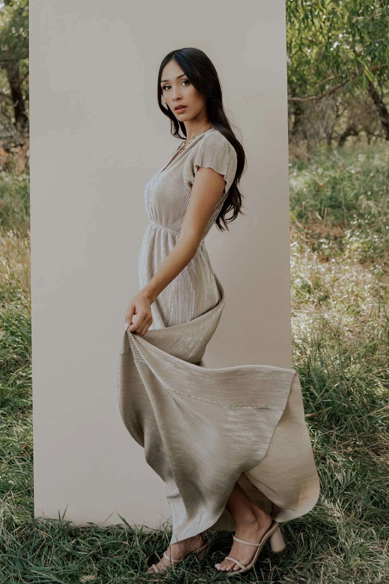 Athena Pleated Maxi Dress | Gold | Baltic Born