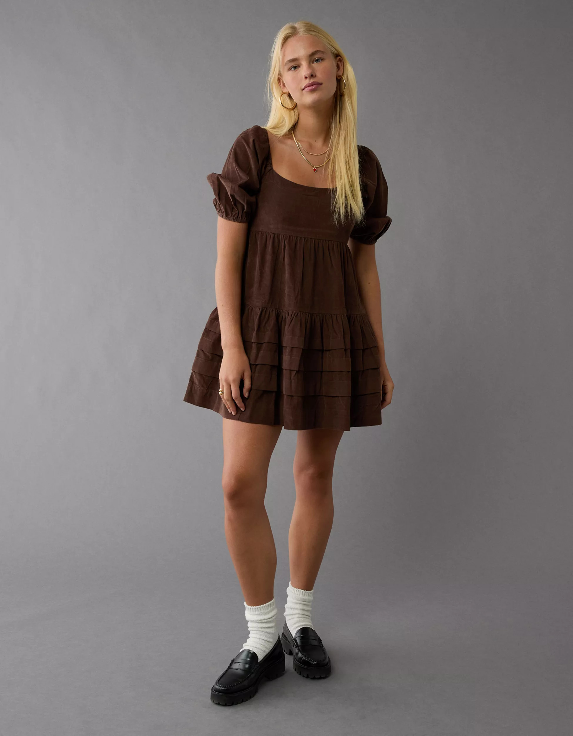 AE Corduroy Puff Sleeve Babydoll Mini Dress | American Eagle Outfitters (US & CA)