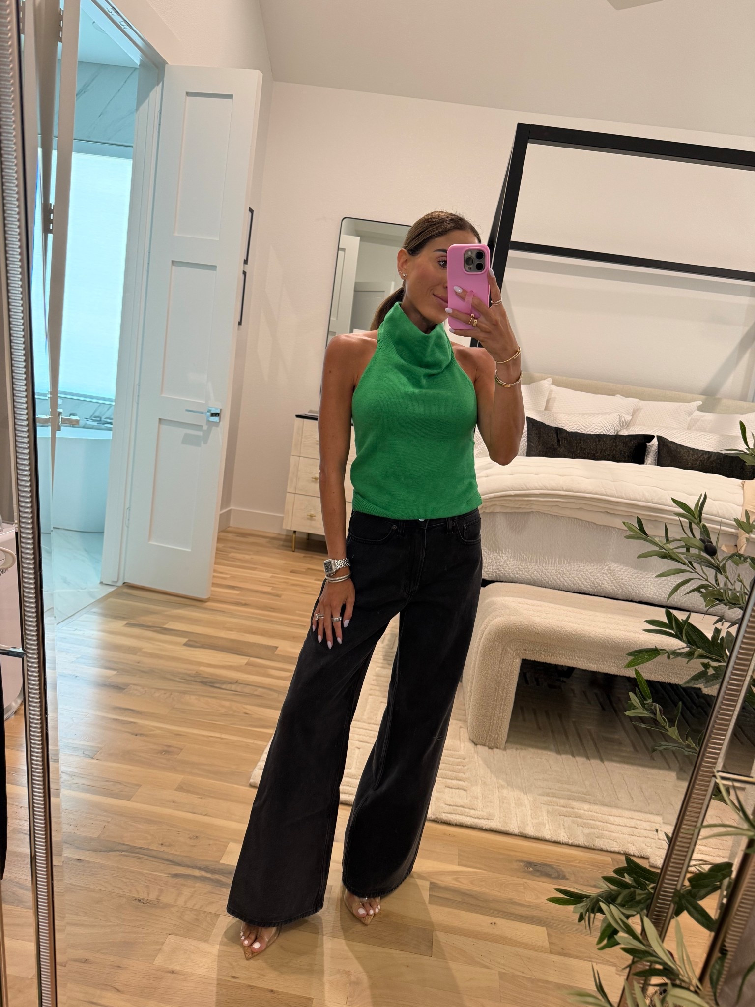 Green halter top smallest size black wide leg jeans size 23 

#LTKPetite