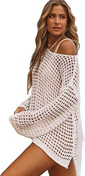 Cozyease Women's Hollow Out Swimsuit Cover Up Long Sleeve Asymmetrical Neck Sheer Cover Up Top | Amazon (US)
