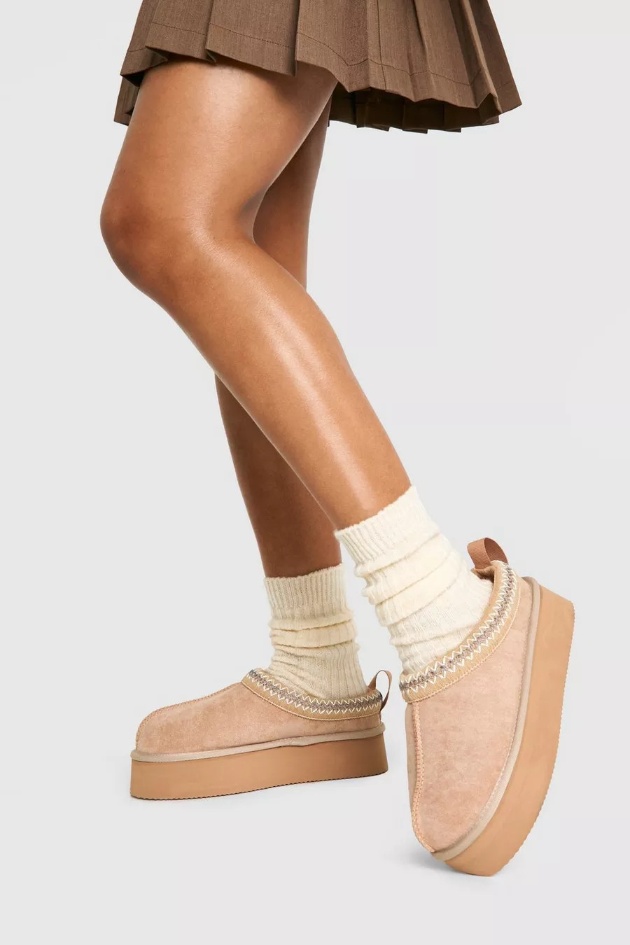 Embroidered Detailing Platform Slip On Cosy Mules | Boohoo.com (UK & IE)