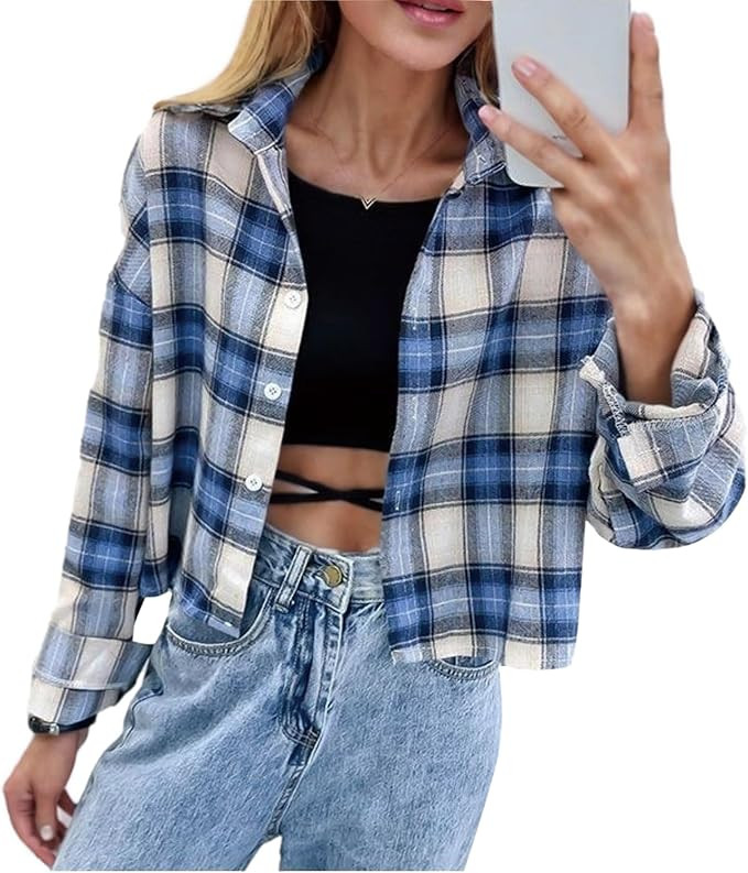 HangNiFang Women's Cute Cropped Flannel Plaid Shirts Long Sleeve Button Down Tops | Amazon (US)