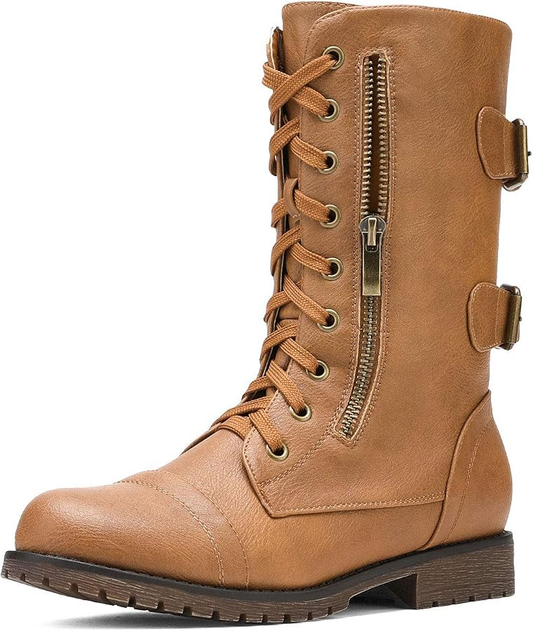 DREAM PAIRS Women's Combat Boots, Mid Calf Built-in Wallet Pocket Lace up Military Ankle Booties | Amazon (US)