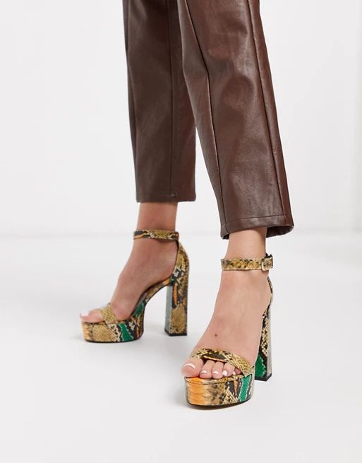 ASOS DESIGN Noon platform block heeled sandals in snake | ASOS (Global)