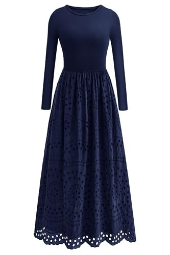 dowerme Women Spring Dresses 2026 Casual Long Sleeve Crewneck A-Line Boho Eyelet Cotton Maxi Wedding Guest Dress Pockets(Navy Blue,Large) | Amazon (US)