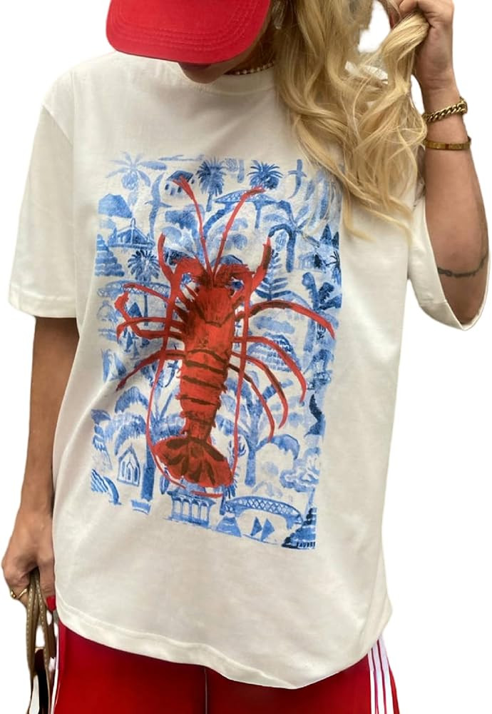 Women Oversized Y2k T-Shirt Aesthetic Graphic Short Sleeve Loose Top Summer Hibiscus Flower Crewn... | Amazon (US)