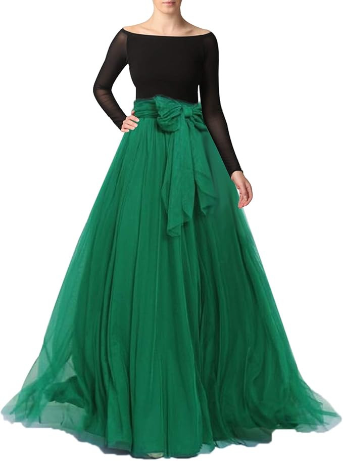 Women Maxi Long Tulle Skirt Floor Length with Bowknot High Waisted for Wedding Party Dress | Amazon (US)