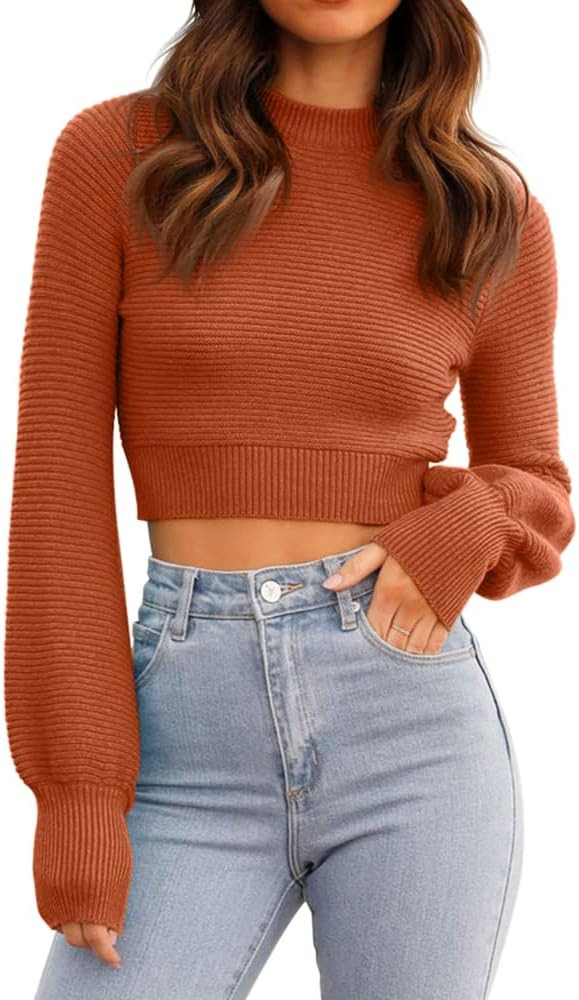 GeGekoko Womens Sexy Crew Neck Cropped Sweaters Ribbed Knit Long Sleeve Crop Tops Pullover | Amazon (US)