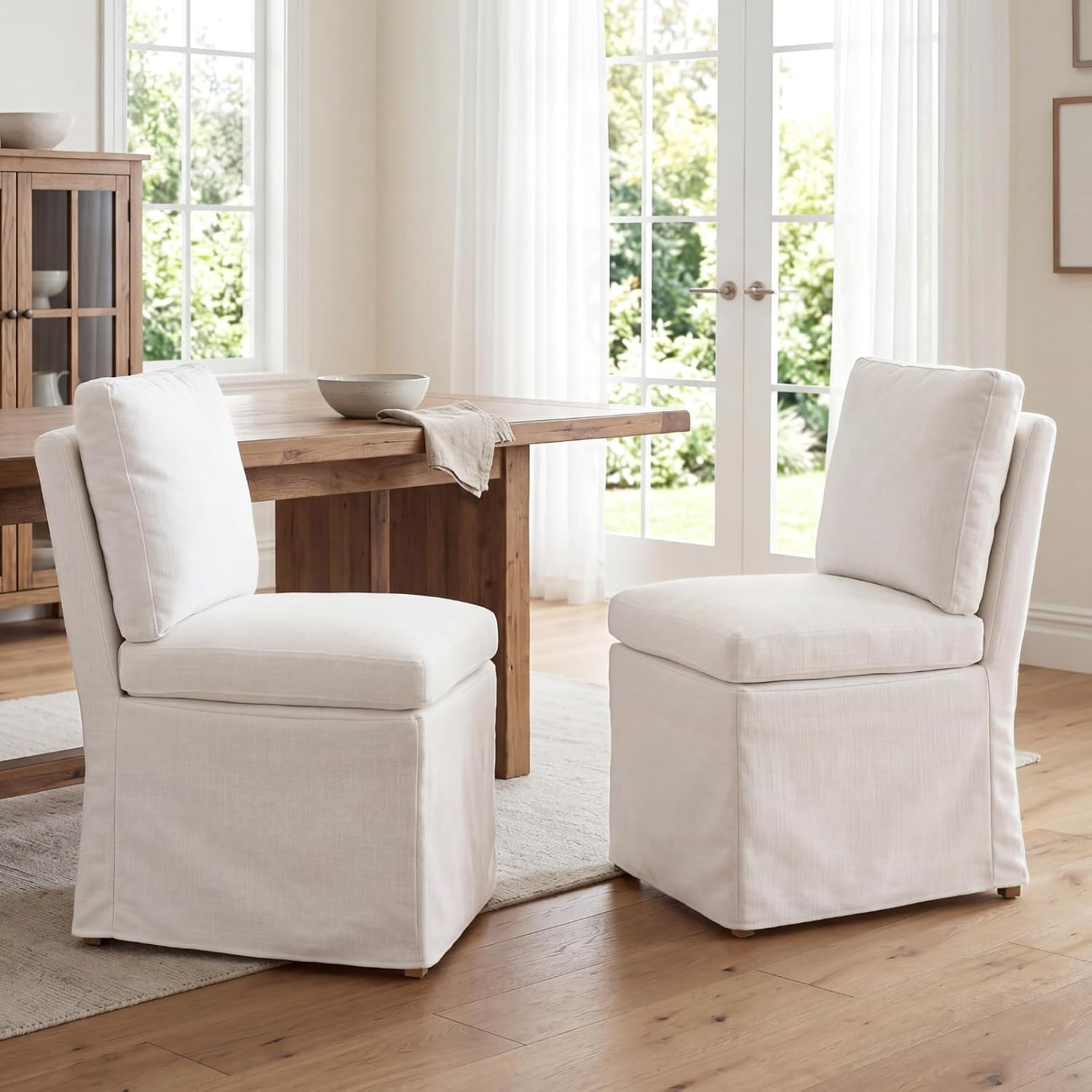 Slipcovered Dining Chair Set of 2, Upholstered Armless Dining Chair with Skirted Base, Linen Fabric Single Sofa Chair for Dining/Living Room, Kitchen, Linen Beige | Amazon (US)