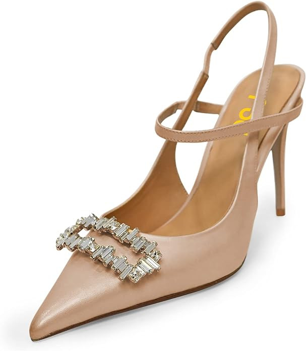 FSJ Women Fashion Pointed Toe Ankle Strap Pumps Slingback Square Rhinestones Sparkle Mid High Hee... | Amazon (US)