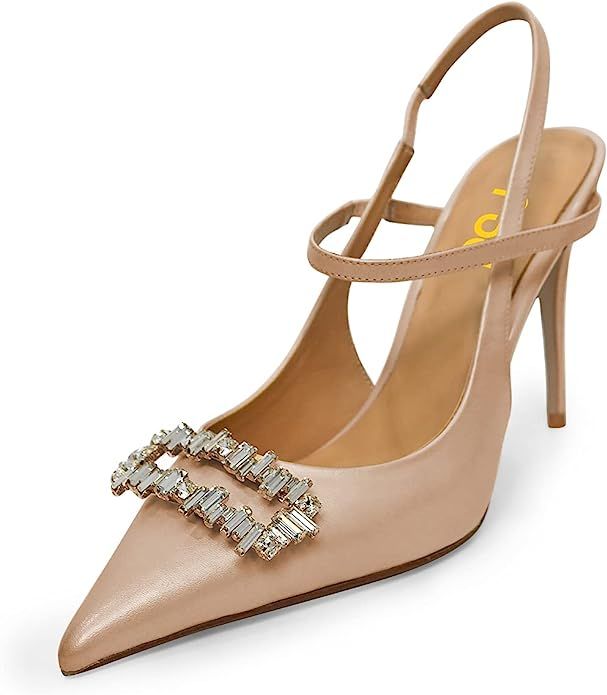 FSJ Women Fashion Pointed Toe Ankle Strap Pumps Slingback Square Rhinestones Sparkle Mid High Hee... | Amazon (US)