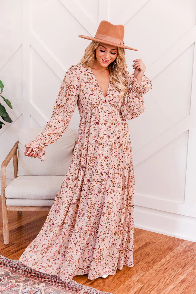 Said Forever Taupe V-Neck Floral Maxi Dress FINAL SALE | The Pink Lily Boutique