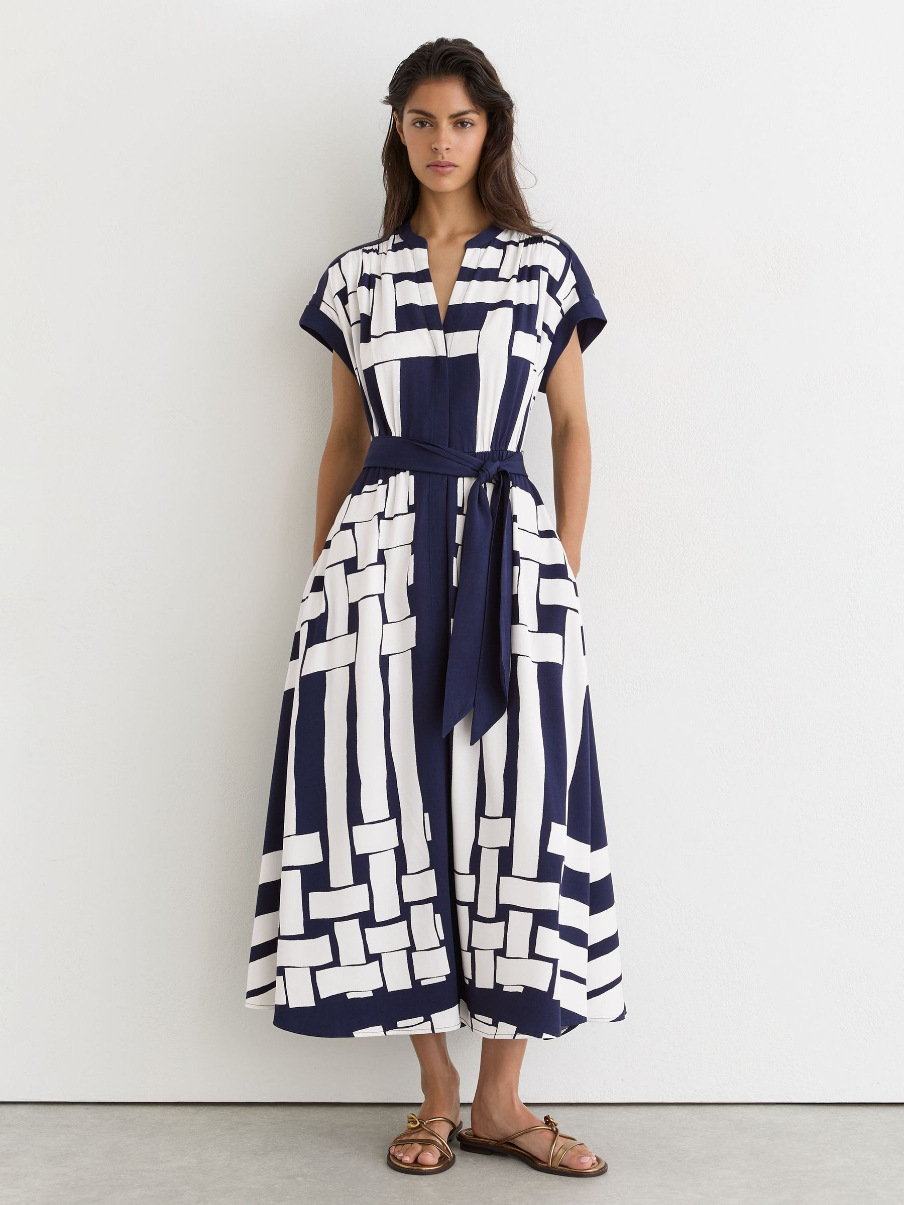 Reiss Scarf-Print Belted Midi Dress in Navy/Ivory - REISS | Reiss UK