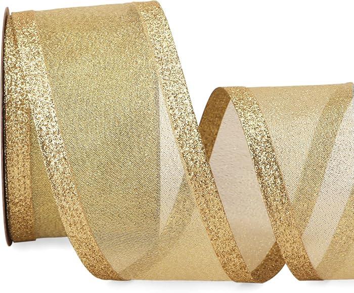 Ribbli Gold Christmas Wired Ribbon, Metallic Wired Ribbon with Glitter Edge 2-1/2 Inch x 10 Yard ... | Amazon (US)