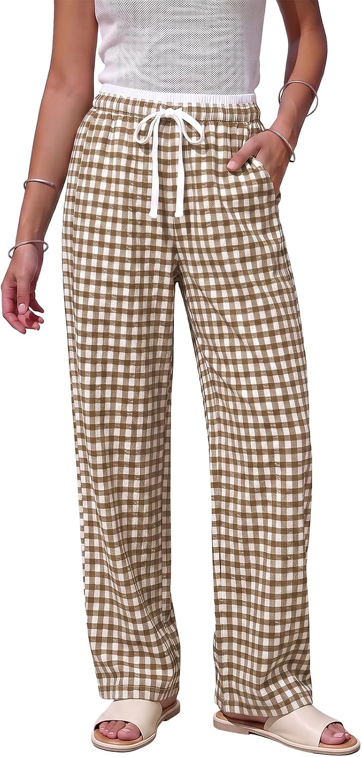 EVALESS Womens Pants Casual Elastic Waist Gingham Trousers with Pockets | Amazon (US)