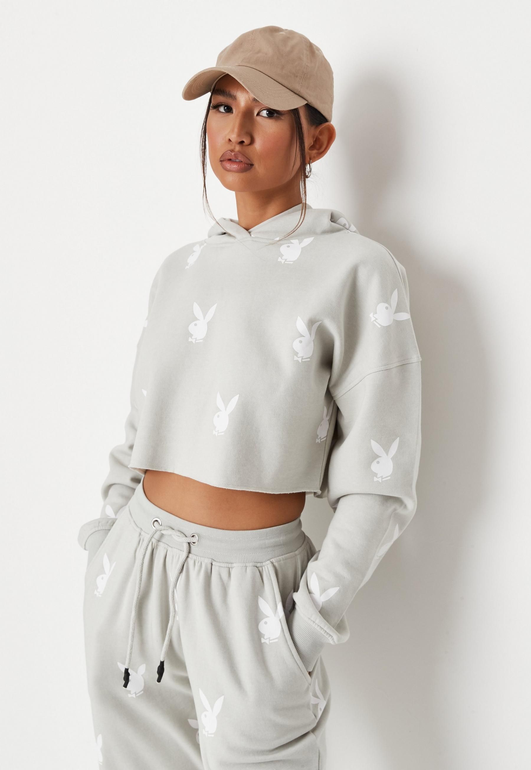 Missguided - Playboy x Missguided Gray Co Ord Repeat Print Cropped Hoodie | Missguided (US & CA)
