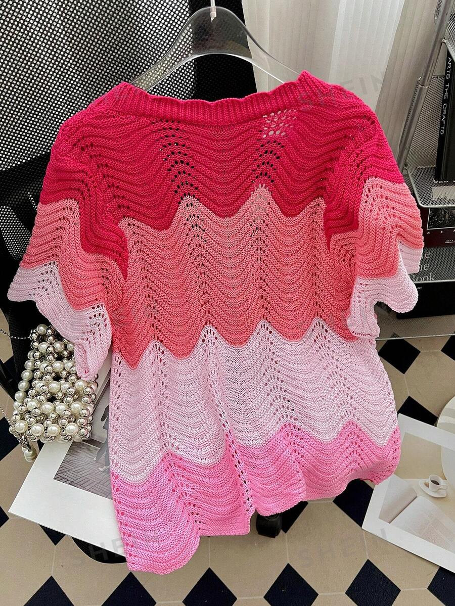 SHEIN Essnce Plus Size Women Summer Color Block V-Neck Short Sleeve Hollow Out Loose Cardigan | SHEIN