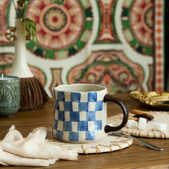 Retro Checkered Ceramic Coffee Mug 16Oz - Extra Large Handle, Microwave Safe Vintage Patterned Te... | Amazon (US)