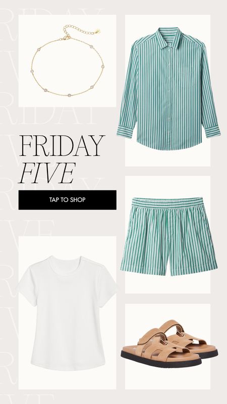 Friday 5 👏🏼 I’ve always been obsessed with a matching set, this green and white striped one is 😍 so obsessed with the boxer short trend, it’s been a long-time fave of mine! 

Boxer shorts, anklet, Steve Madden sandals, white tee, basics for spring and summer, nude sandals, bump-friendly 

#LTKbump #LTKSeasonal #LTKfindsunder50