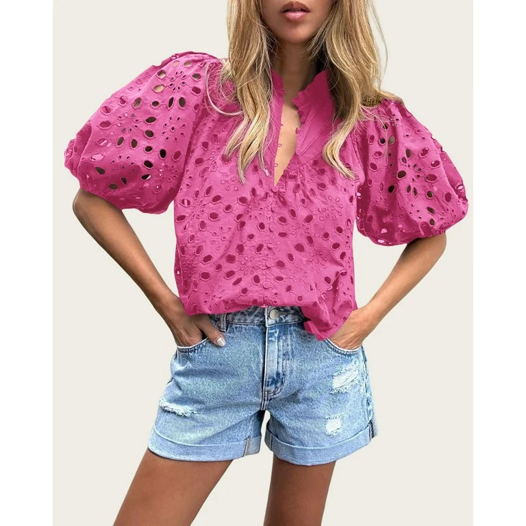 PRETTYGARDEN Women's Summer Tops Dressy Casual Short Lantern Sleeve V Neck Buttons Hollow Out Lac... | Walmart (US)