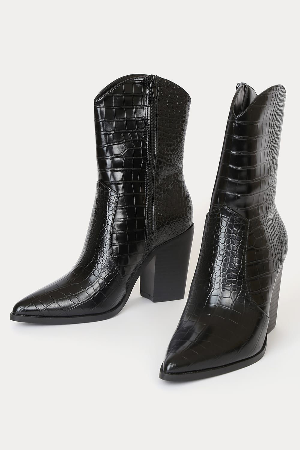 Eleora Black Crocodile-Embossed Mid-Calf High Heel Boots | Lulus (US)