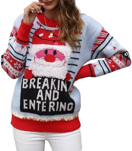 IFFEI Womens Ugly Christmas Sweater Novelty Print Crew Neck Sweater Pullover | Amazon (US)