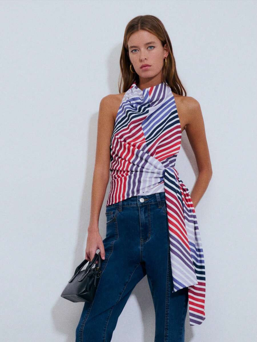 Halter Cowl Neck Top Features Bold Diagonal Stripes In Red, Navy, And White With A Draped Tie Det... | SHEIN