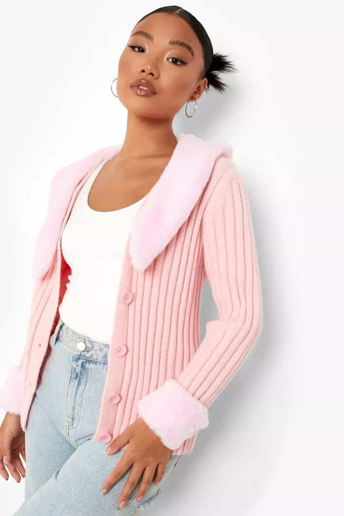 Petite Faux Fur Collar And Cuff Cardigan | Boohoo.com (UK & IE)