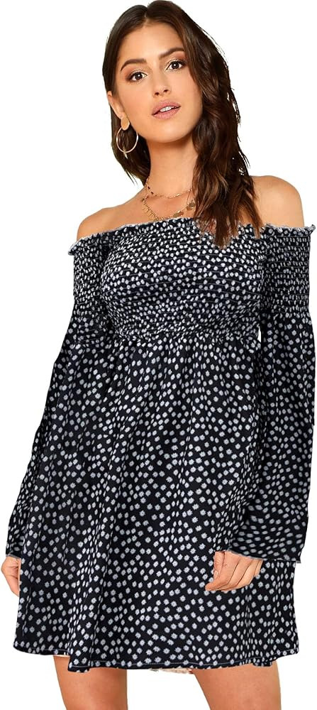 Women's Casual Floral Print Off Shoulder Trumpet Sleeve Swing Dress | Amazon (US)