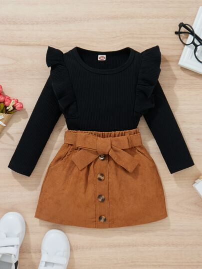 Baby Ruffle Trim Tee & Corduroy Belted Skirt | SHEIN