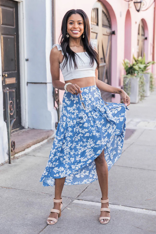 Paradise Escape Blue Wrap Floral Midi Skirt FINAL SALE | The Pink Lily Boutique