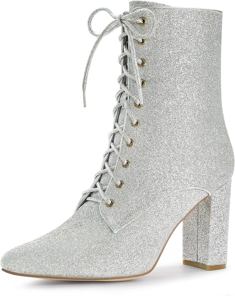 Allegra K Women's Glitter Pointed Toe Block Heel Halloween Ankle Boots | Amazon (US)