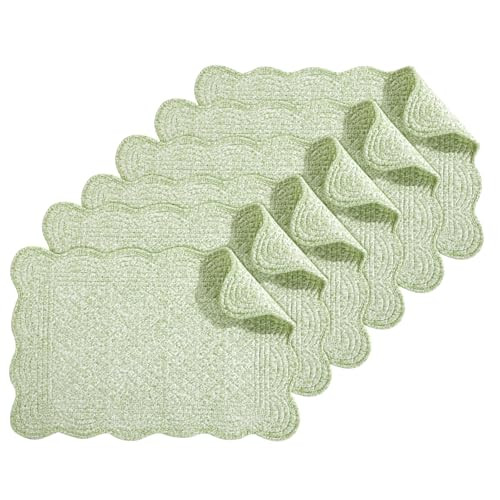 HOMBYS Quilted Placemats Set of 6 Washable-13x18 inches Rectangular Placemats for Kitchen Table-100% Cotton Fabric Rectangular Table Mats, (White with Light Green) | Amazon (US)