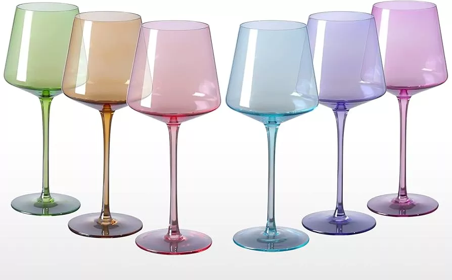 Colored Wine Glasses Set of 6 - Square Wine Glasses with Stem and